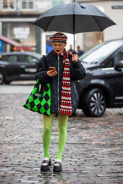 COPENHAGEN, DENMARK - FEBRUARY 03: Emma Fridsell seen wearing green black Marni bag, black puffer ja...