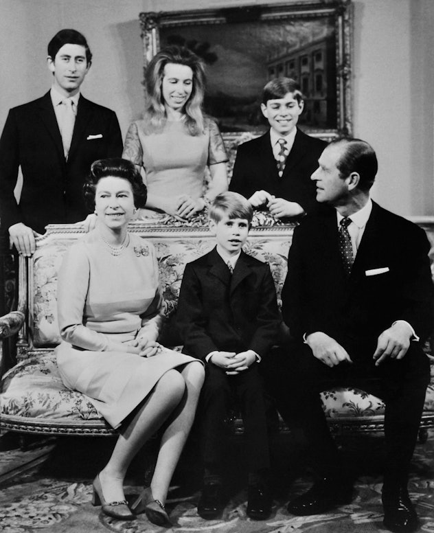 Queen Elizabeth II and Prince Philip, Duke of Edinburgh, pose with their children,Princes Charles (L...