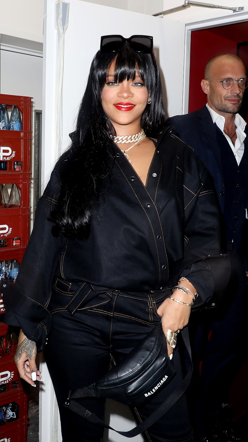 PARIS, FRANCE - SEPTEMBER 26: Rihanna arrives at the 'Fenty' after party on September 26, 2019 in ...