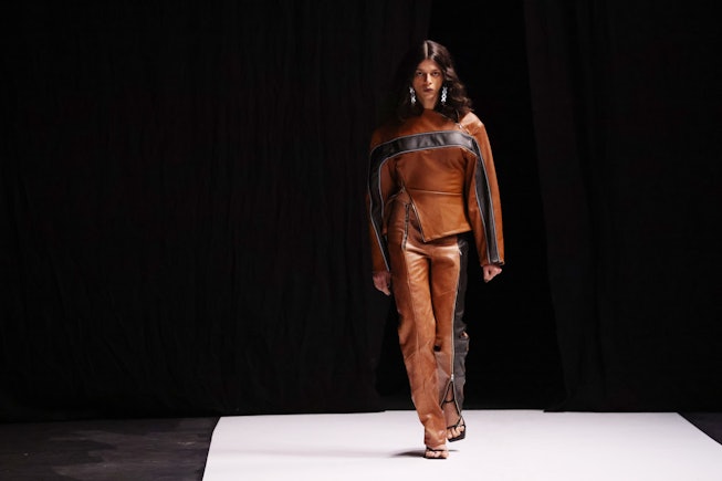 COPENHAGEN, DENMARK - FEBRUARY 03: A model walks the runway at the Jade Cropper fashion show during ...