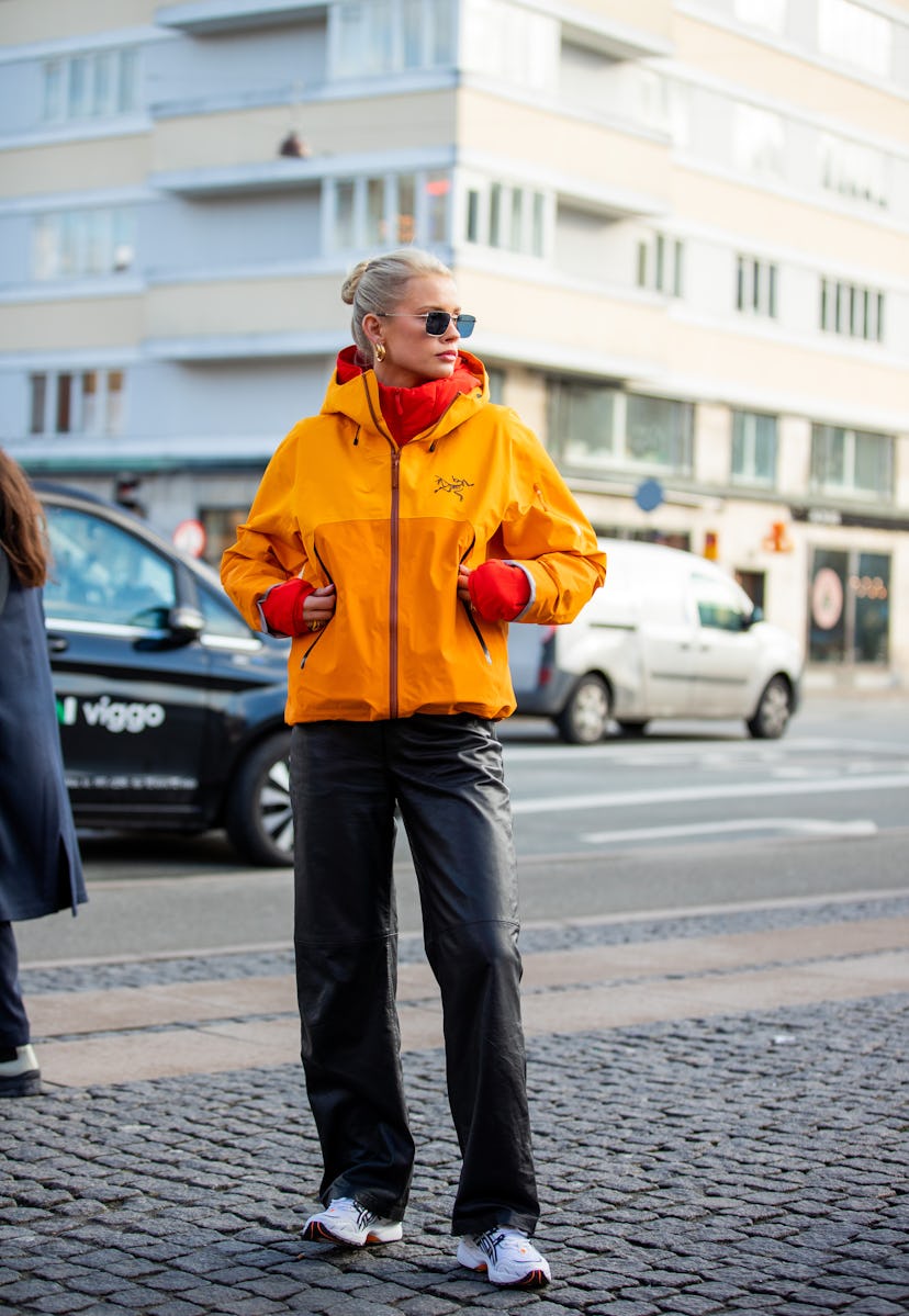COPENHAGEN, DENMARK - FEBRUARY 02: Andrea Steen seen wearing orange windbreaker jacket outside A. Ro...