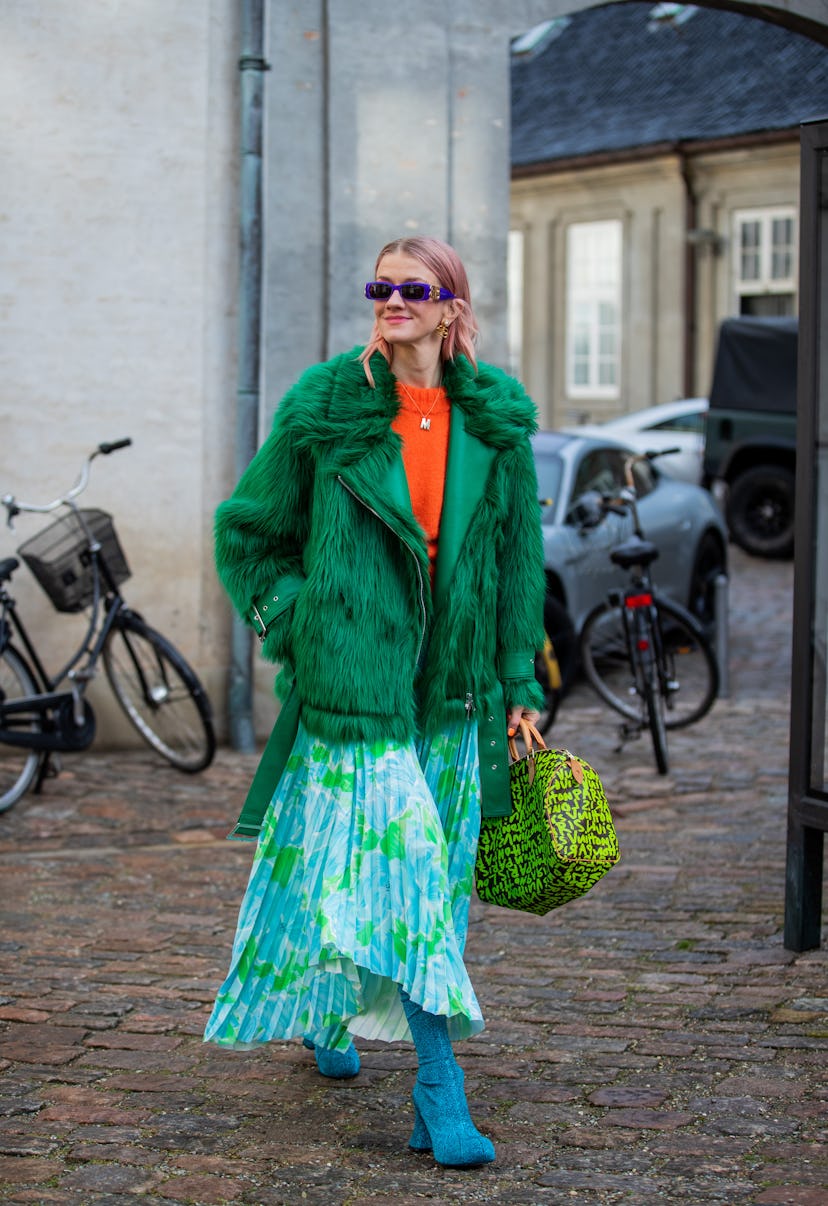 COPENHAGEN, DENMARK - FEBRUARY 02: Marianne Theodorsen seen wearing Balenciaga sunglasses, faux fur ...