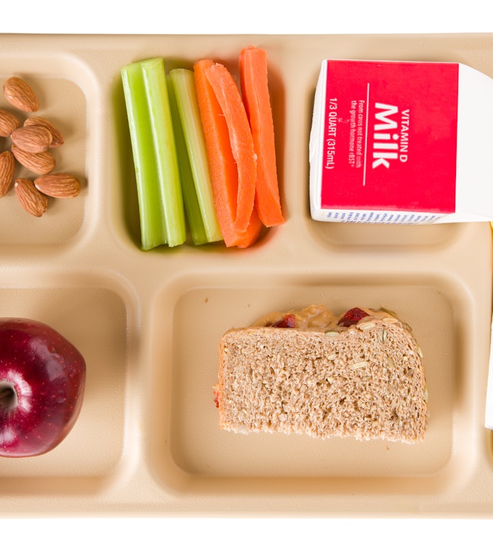 An overhead close up of a tray containing a healthy school lunch. It consists of crunchy peanut butt...