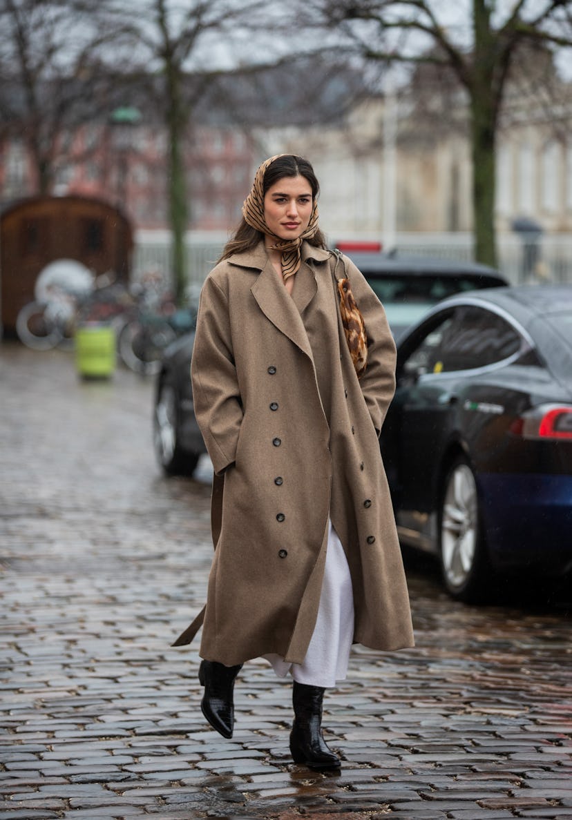 COPENHAGEN, DENMARK - FEBRUARY 01: Ilirida Krasniqi is seen wearing beige coat, head scarf outside K...