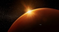 Spaceship orbiting Mars at dawn. Aries is ruled by Mars in astrology