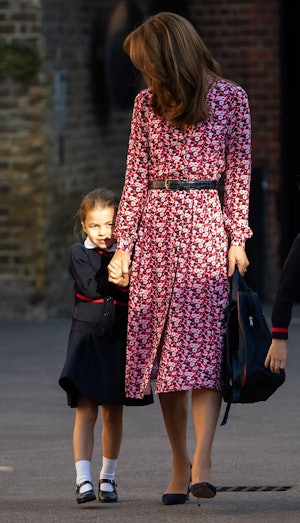 LONDON, UNITED KINGDOM - SEPTEMBER 5: Princess Charlotte arrives for her first day of school, with h...