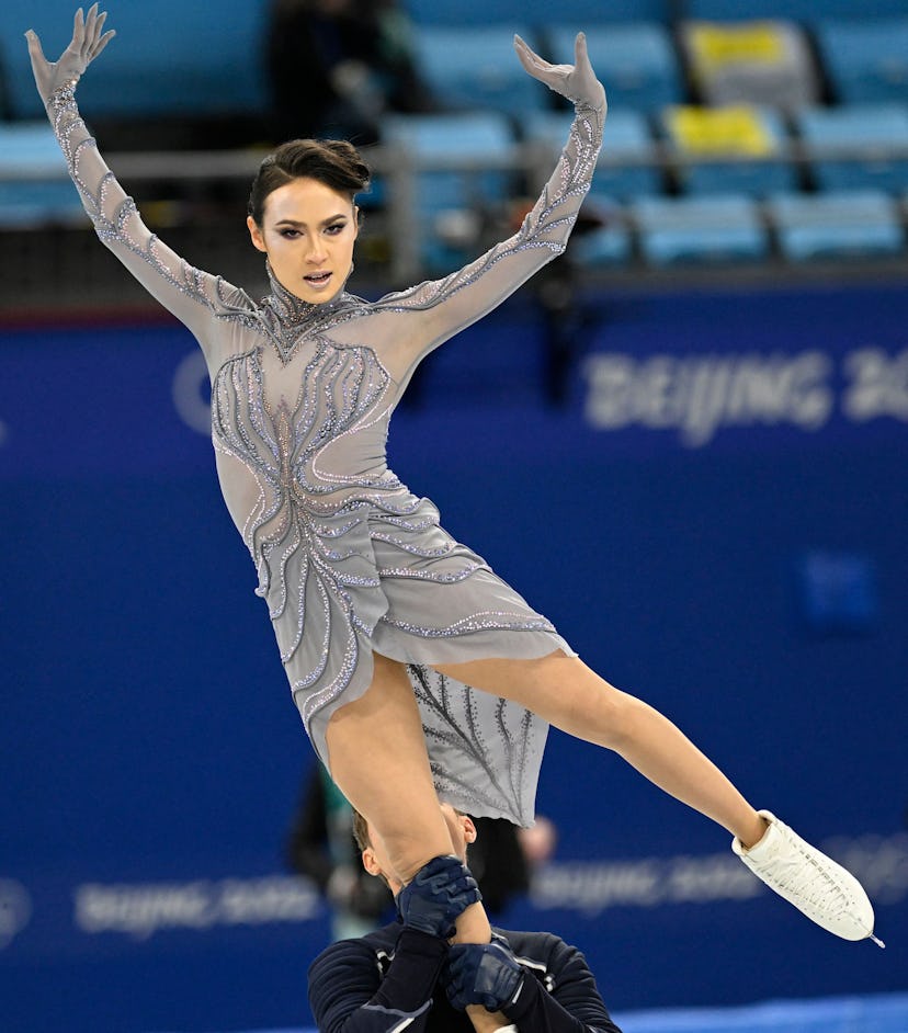 Madison Chock's ice skating costume at the 2022 Olympics is embellished with pearls and crystals and...