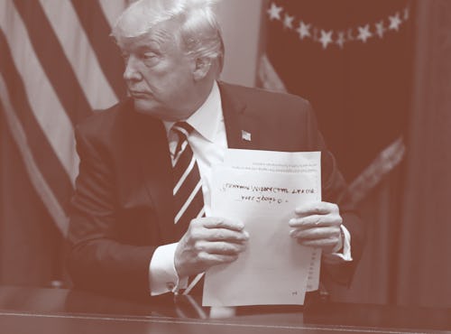 WASHINGTON, DC - JULY 17:  U.S. President Donald Trump holds his notes as he talks about his meeting...