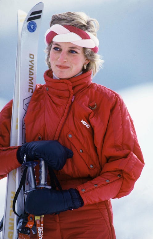 KLOSTERS, SWITZERLAND - FEBRUARY 06: Diana, Princess of Wales, wearing a red ski suit by Head and a ...
