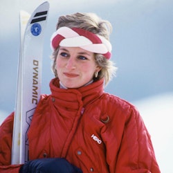 KLOSTERS, SWITZERLAND - FEBRUARY 06: Diana, Princess of Wales, wearing a red ski suit by Head and a ...