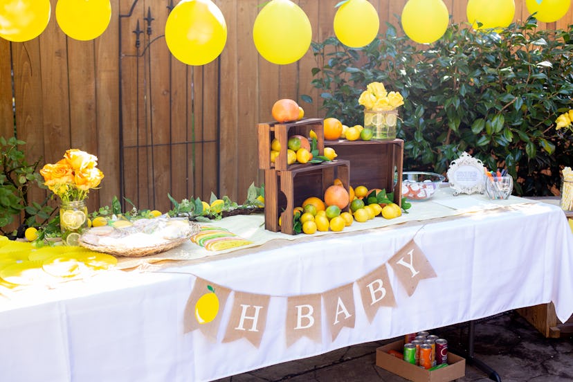 Party decorations at a citrus themed baby shower.