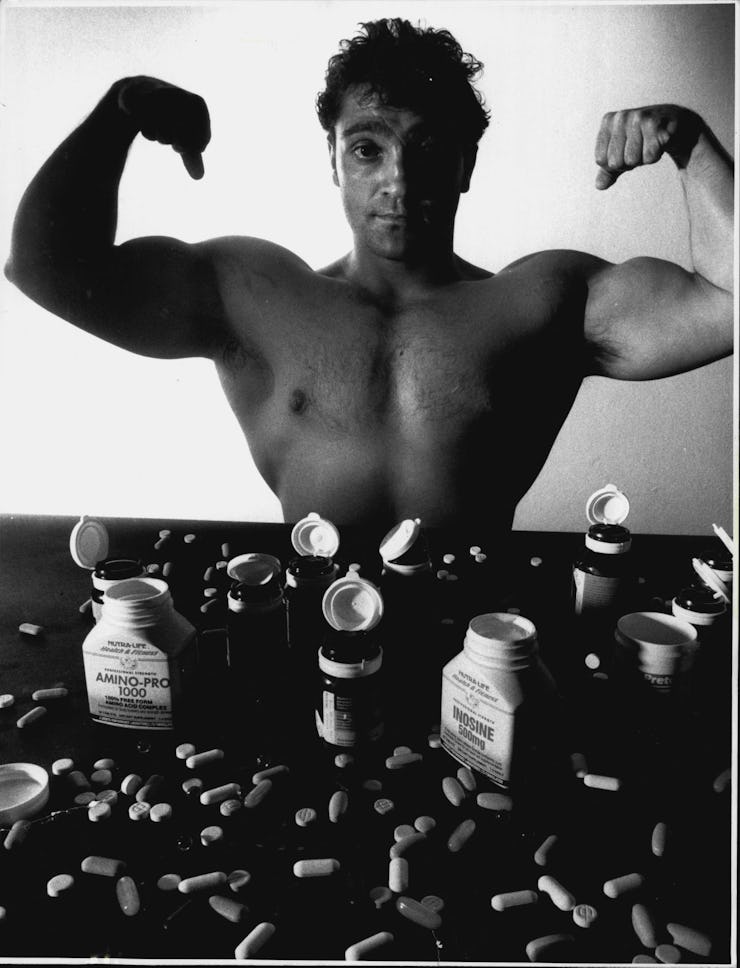 Vitamins...body builder Michael Scionti 24 and the vitamins her takes. October 25, 1989. (Photo by B...
