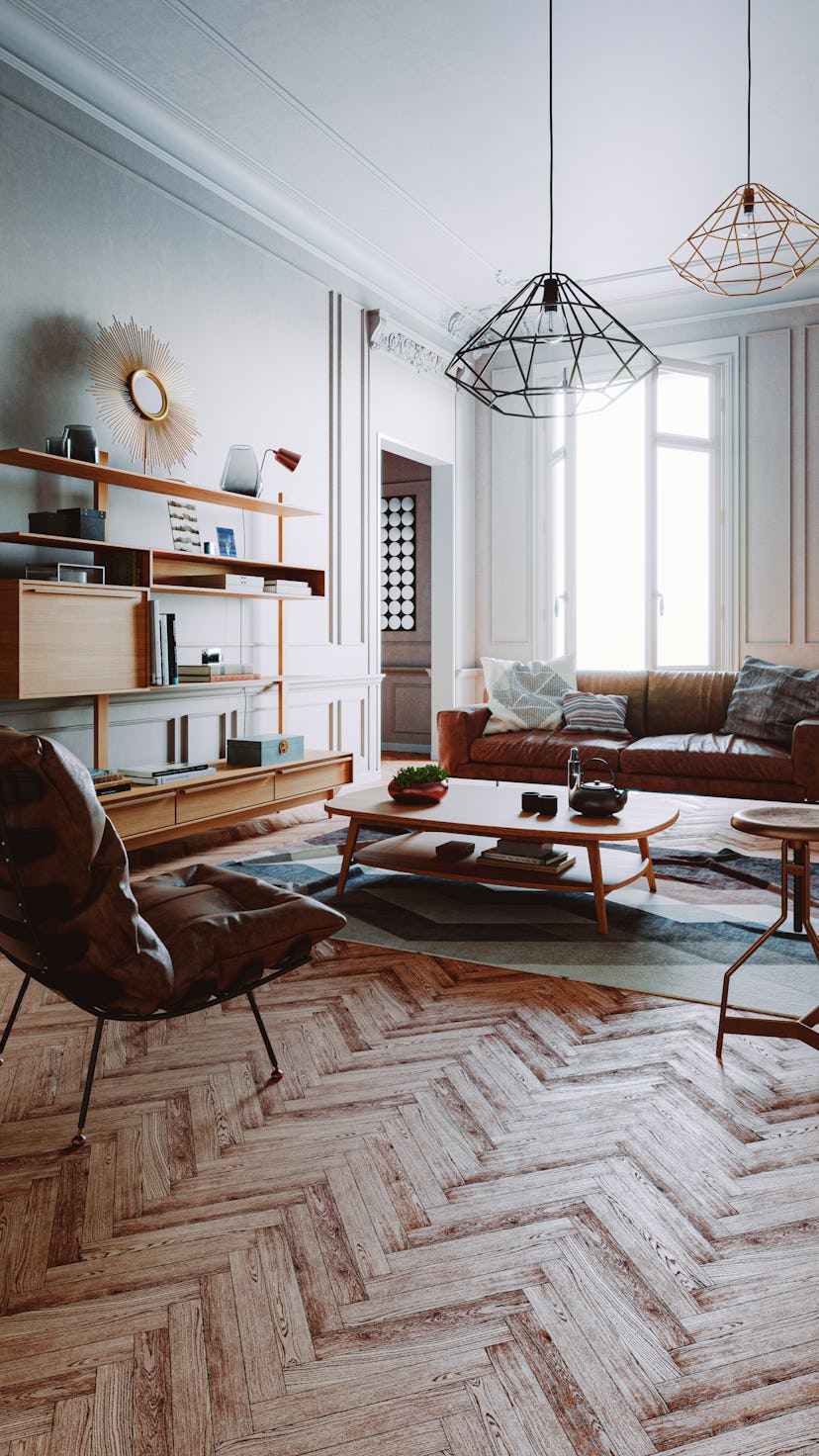 Retro living room. 3D generated image. Image on the wall is just a texture shot of an old rug.
