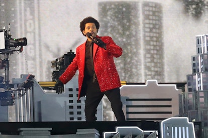 The Weeknd performs during the Super Bowl Half-Time Show at the Super Bowl LV game on February 7, 20...
