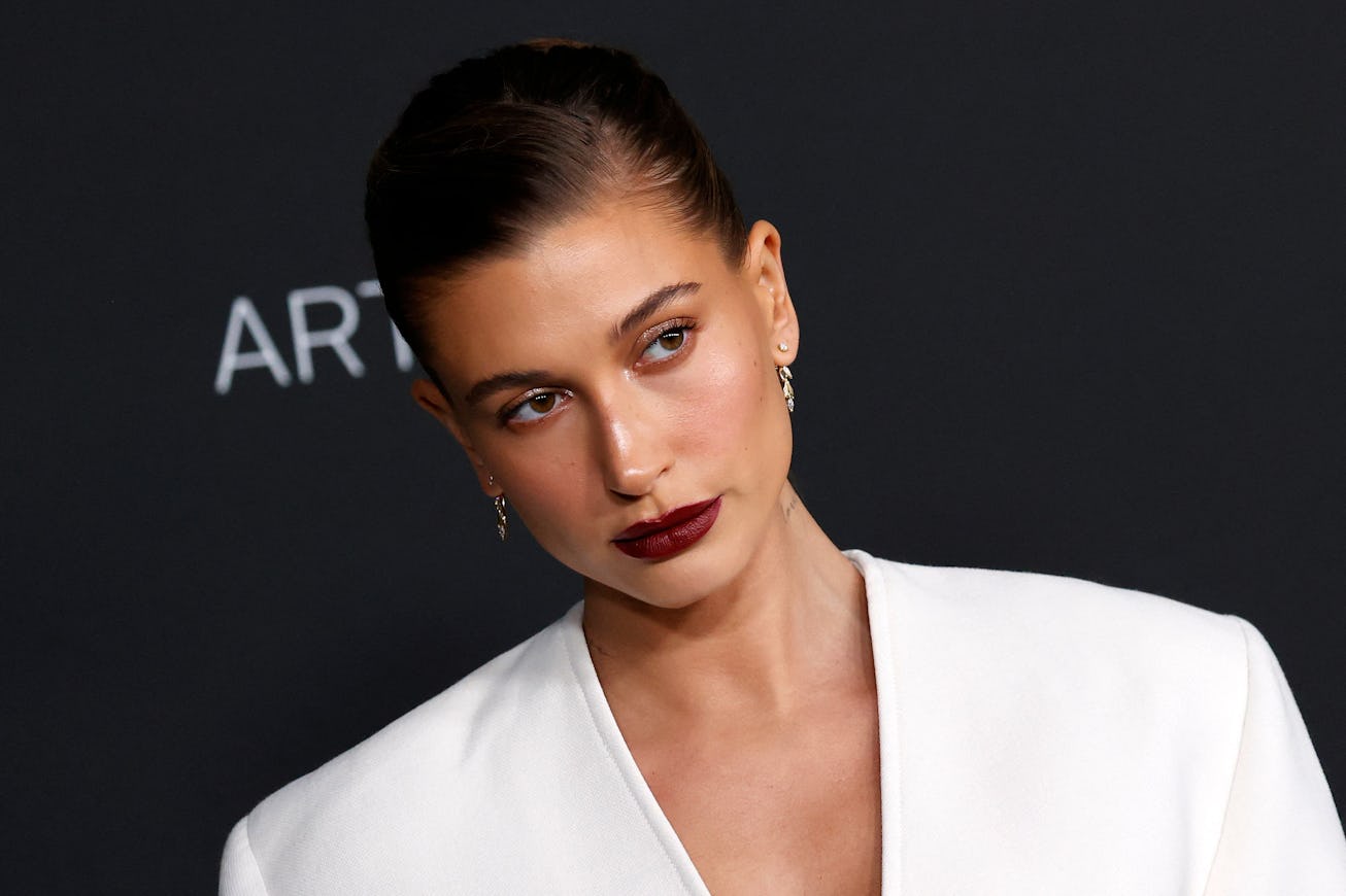 US model Hailey Bieber arrives for the 10th annual LACMA Art+Film gala at the Los Angeles County Mus...