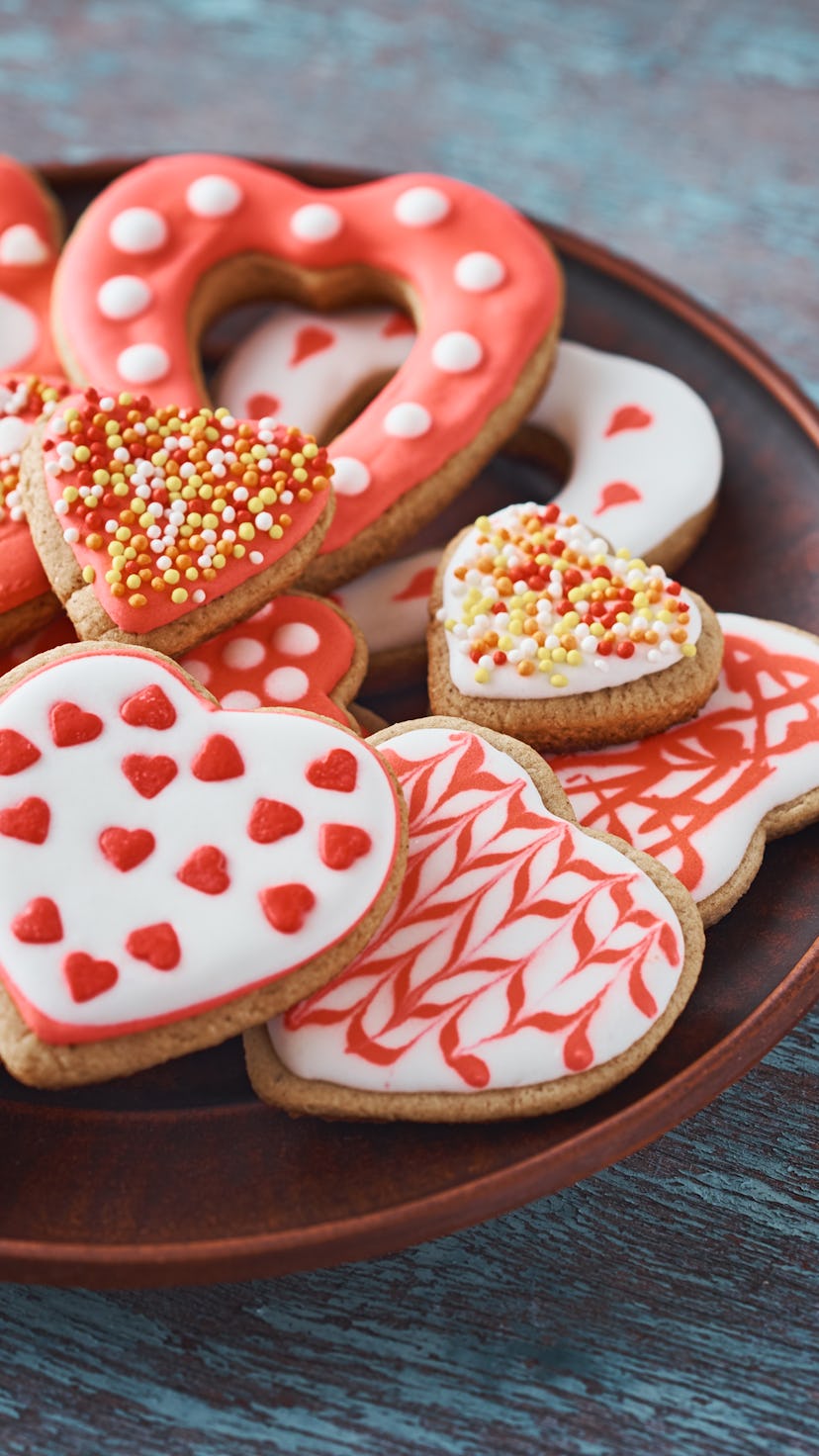 Heart-shaped Valentine's Day desserts include cookies and cakes.