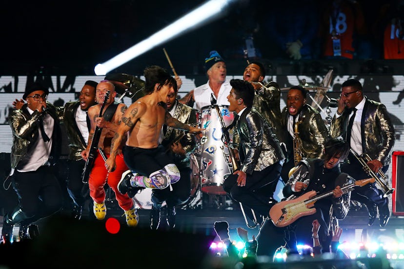 Bruno Mars and the Red Hot Chili Peppers perform during the Pepsi Super Bowl XLVIII Halftime Show in...