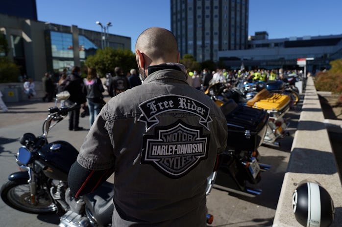 Several motorcycles exposed in a concentration of Harley Davidson motorcycles, in front of the Hospi...