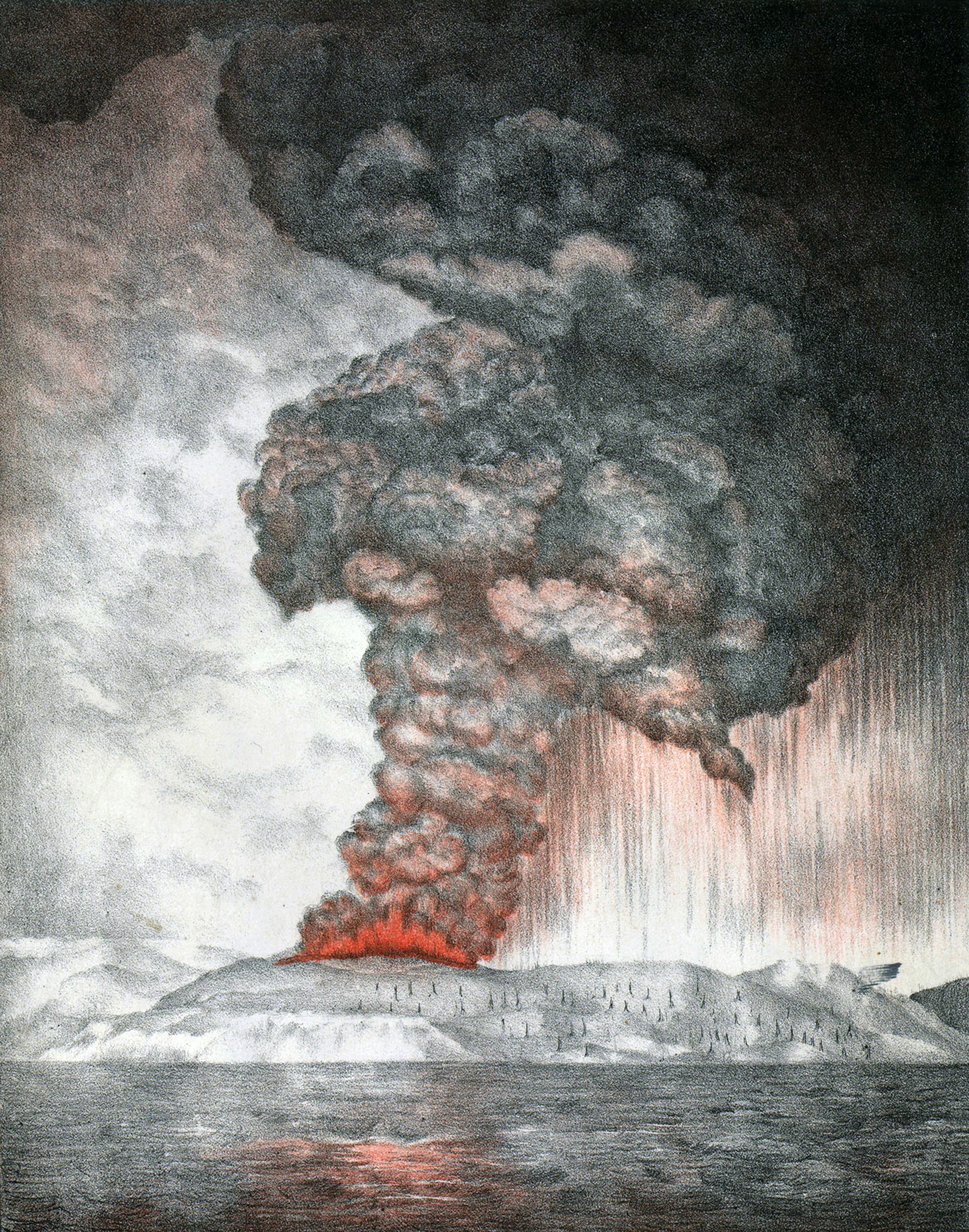 27th May 1883: Clouds pouring from the volcano on Krakatoa (aka Krakatau or Rakata) in south western...
