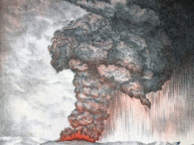 27th May 1883: Clouds pouring from the volcano on Krakatoa (aka Krakatau or Rakata) in south western...