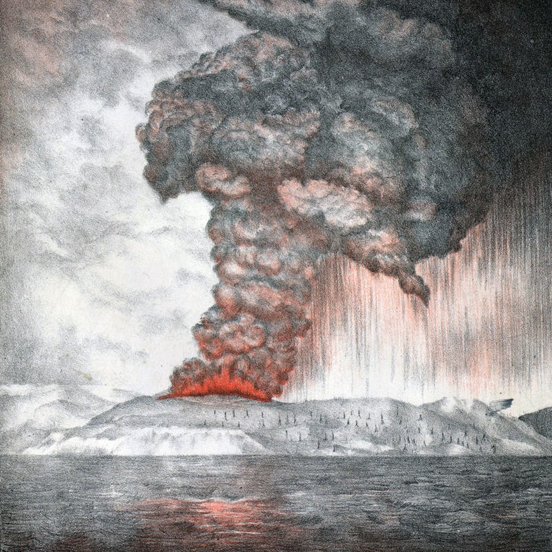 27th May 1883: Clouds pouring from the volcano on Krakatoa (aka Krakatau or Rakata) in south western...