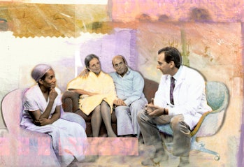 Photo of therapy session against colorful paper background