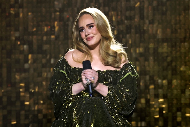 LONDON, ENGLAND - FEBRUARY 08: (EDITORIAL USE ONLY)  Adele performs at The BRIT Awards 2022 at The O...