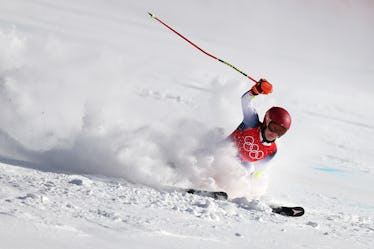 YANQING, CHINA - FEBRUARY 07: Mikaela Shiffrin of Team United States falls during the Women's Giant ...