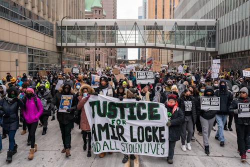MINNEAPOLIS, MN - FEBRUARY 05: A racial justice march for Amir Locke moves through downtown on Febru...