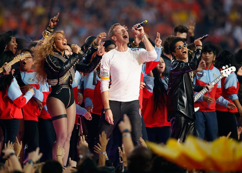 Beyonce, Chris Martin of Coldplay and Bruno Mars perform during Super Bowl 50.