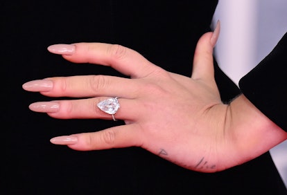 Adele, ring detail, attends The BRIT Awards 2022 at The O2 Arena on February 08, 2022 in London, Eng...