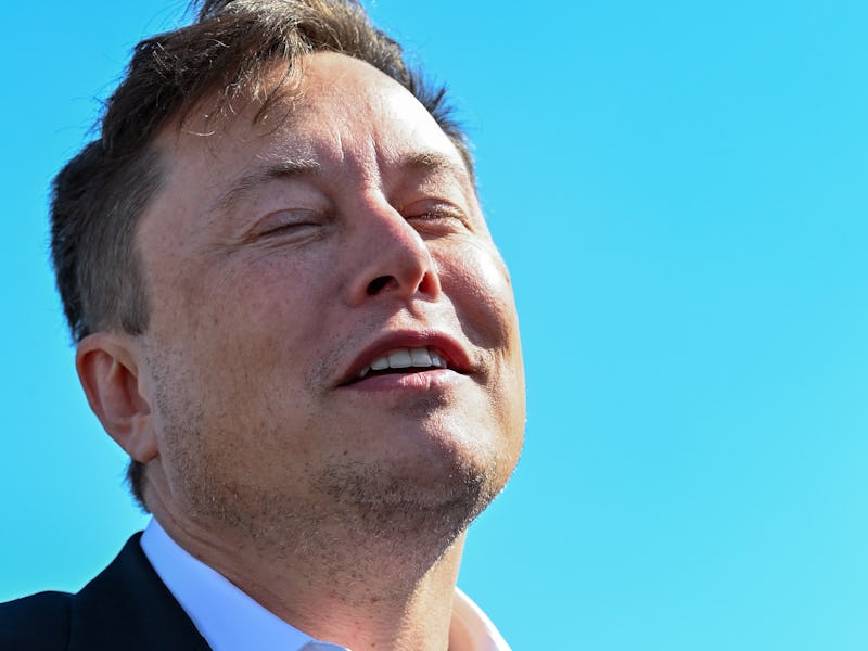 03 September 2020, Brandenburg, Grünheide: Elon Musk, head of Tesla, stands on the construction site...