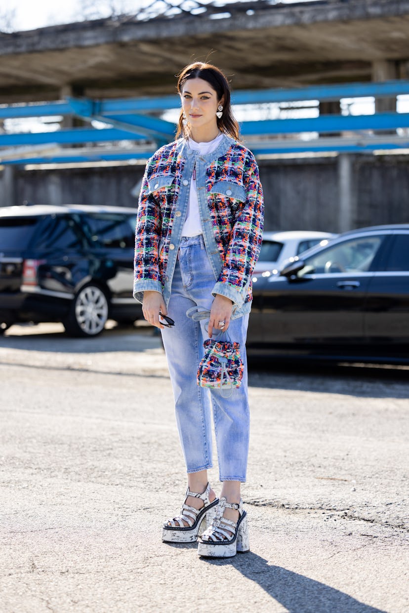 MILAN, ITALY - FEBRUARY 27: A guest is seen ahead of the Dsquared2 fashion show during the Milan Fas...