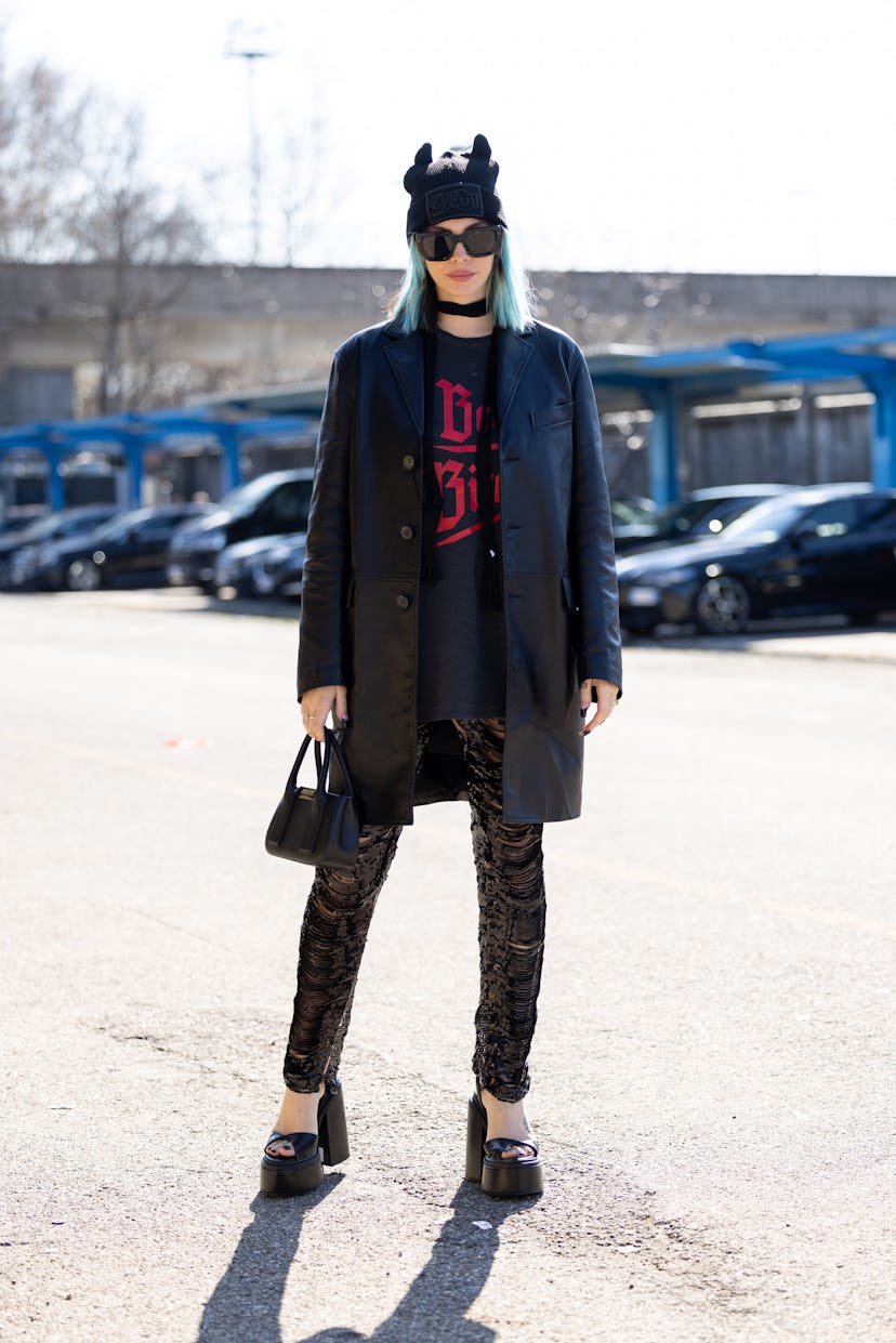 MILAN, ITALY - FEBRUARY 27: Rose Villain is seen ahead of the Dsquared2 fashion show during the Mila...