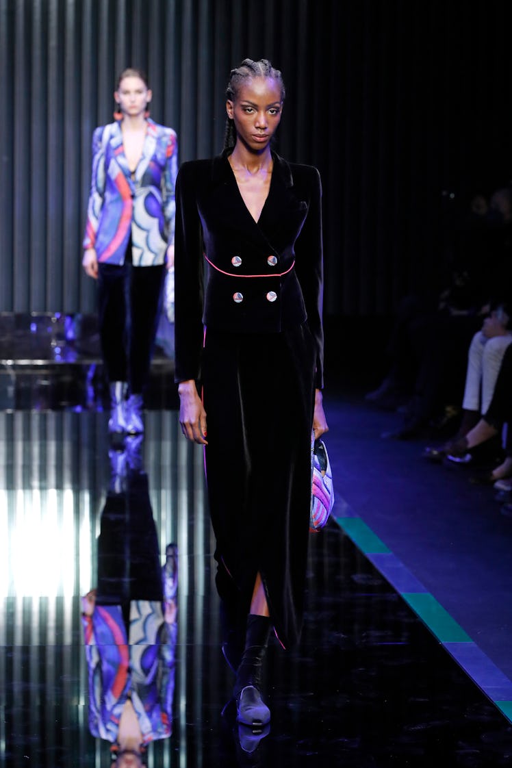 A model walks the runway at the Giorgio Armani fashion show during the Milan Fashion Week Fall/Winte...