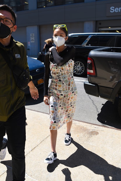 Olivia Rodrigo in a patterned slip dress on May 14, 2021 in New York City. 