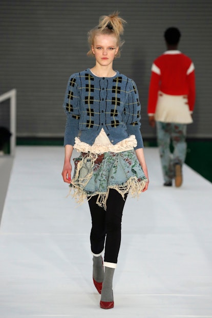 A model walks the runway at the Molly Goddard show during London Fashion Week February 2022 on Febru...