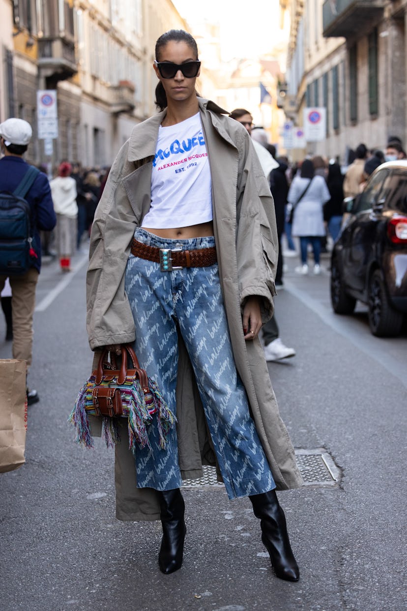MILAN, ITALY - FEBRUARY 27: Chantal Monaghan is seen ahead of the Giorgio Armani fashion show wearin...