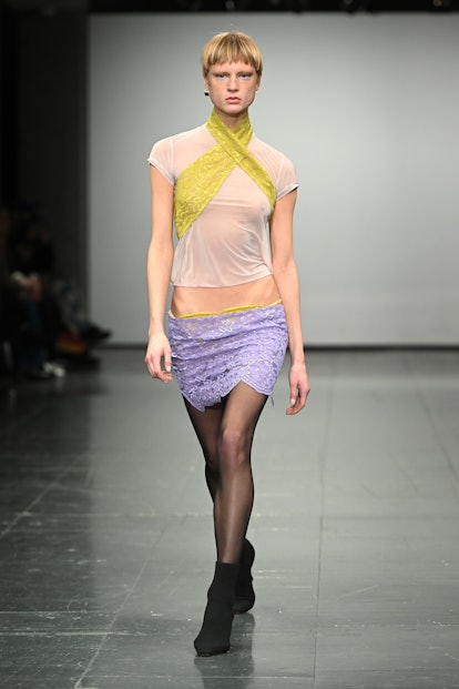 LONDON, ENGLAND - FEBRUARY 21: A model walks the runway at the Supriya Lele show during London Fashi...