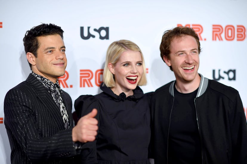 NEW YORK, NEW YORK - OCTOBER 01: Rami Malek, Lucy Boynton and Kyle Bradstreet attend the “Mr. Robot”…
