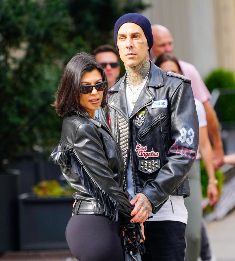 NEW YORK, NEW YORK - OCTOBER 16: Kourtney Kardashian and Travis Barker are seen on October 16, 2021 ...