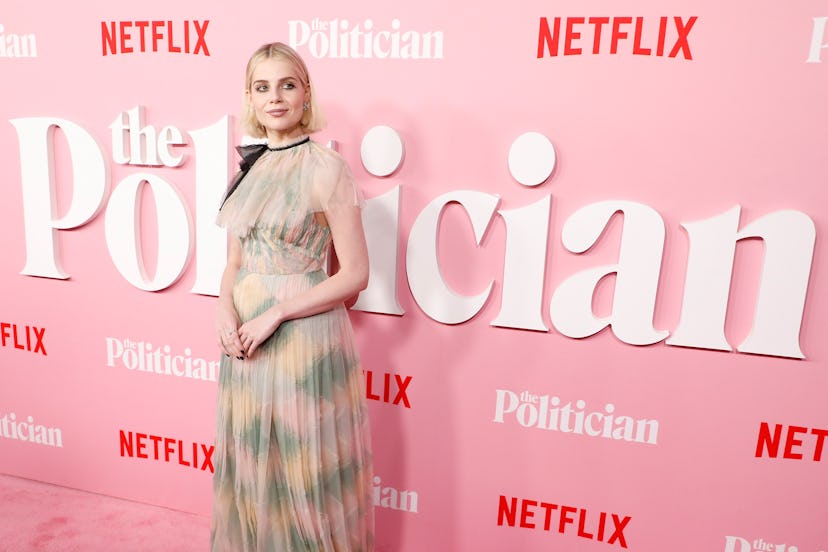 NEW YORK, NEW YORK - SEPTEMBER 26: Lucy Boynton attends the premiere of Netflix's "The Politician" a...
