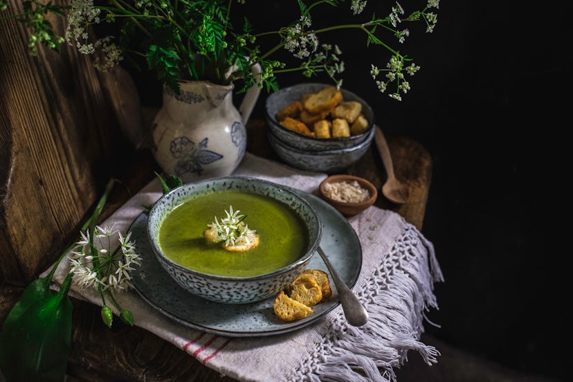 Gourmet green nettle and wild garlic soup with croutons, still life