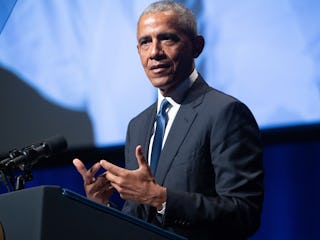 Former US President Barack Obama speaks during a memorial service for the late US Senate Majority Le...