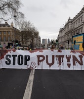 LONDON, UNITED KINGDOM - MARCH 13, 2022: Ukrainian people and their supporters demonstrate against w...