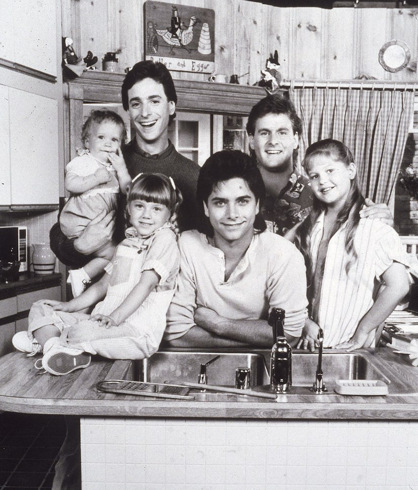 Promotional portrait of the cast of the television series, 'Full House,' L-R: Ashley or Mary Kate Ol...
