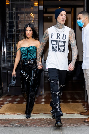 NEW YORK, NEW YORK - OCTOBER 16: Kourtney Kardashian and Travis Barker are seen on October 16, 2021 ...