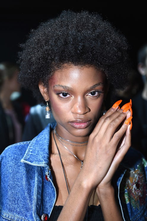 NEW YORK, NY - SEPTEMBER 10: A model wears nails provided by Young nails backstage at the FENTY PUM...