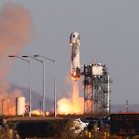 VAN HORN, TEXAS - DECEMBER 11: Blue Origin’s New Shepard lifts off from the Launch Site One launch p...