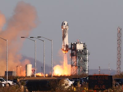 VAN HORN, TEXAS - DECEMBER 11: Blue Origin’s New Shepard lifts off from the Launch Site One launch p...